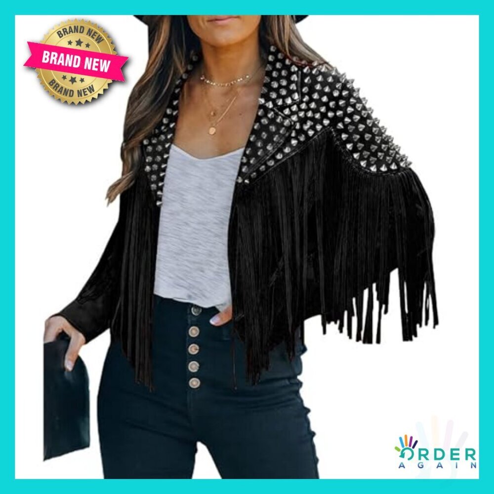 Faux Suede Leather Motorcycle Jacket Punk Rock Fringe Spike Rivet Slim Fit - Picture 6 of 6
